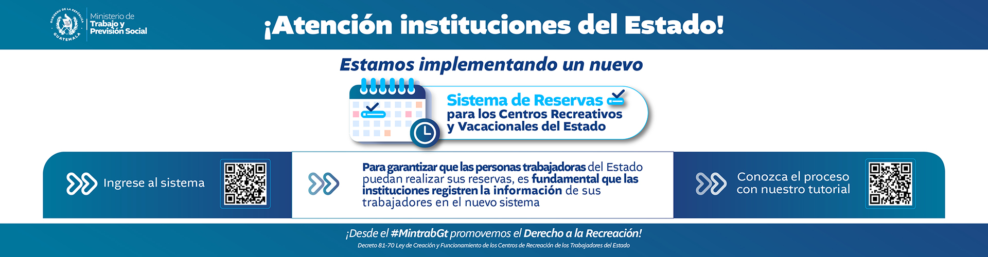 Reservas Recreación, atención instituciones del estado estamos implementando un nuevo siste de reservas para los centros recreativos y vocacionales del estado. Para garantizar que las personas trabajadoras del estado puedan realizar sus reservas, es fundamental que las instituciones registren la información de sus trabajadores en el nuevo sistema