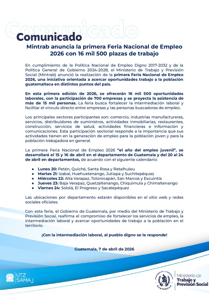 MINTRAB anuncia la primera Feria Nacional de Empleo 2026 con 16 mil 500 plazas de trabajo